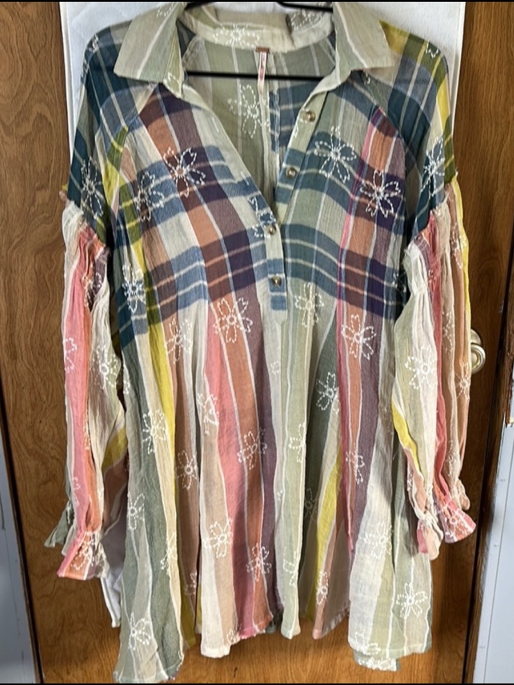 Free People Plaid Button-Up Tunic with Embroidered Details, EUC